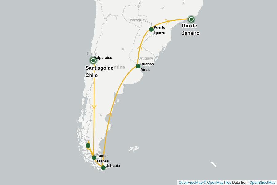 Itinerary Map image for Patagonien: Anden, Gletscher und Tropen + undefined