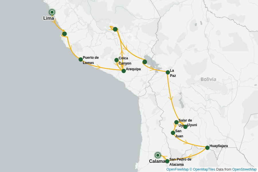 Itinerary Map image for Peru Bolivien Chile für Entdecker + undefined